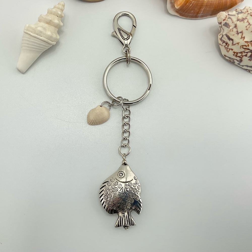 Silver Fish Keychain with Sea Shell Charm, Purse Charm, Key Ring, Fish #1